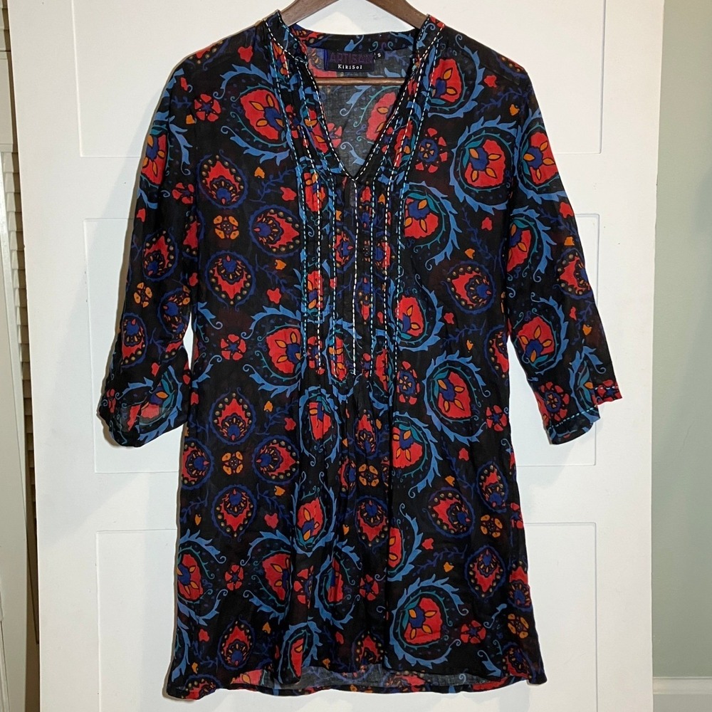 Artisan Kikisol Sz Small Black Floral Sheer Tunic Beach Resort Wear Cotton Light